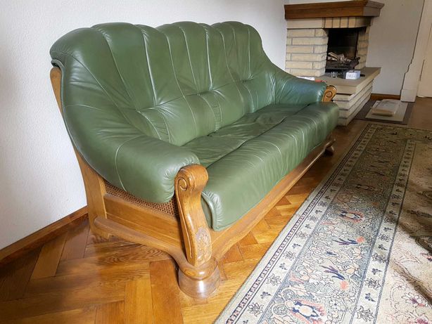 Kanapa i 2 fotele (drewno dębowe + skóra), produkcja KLER