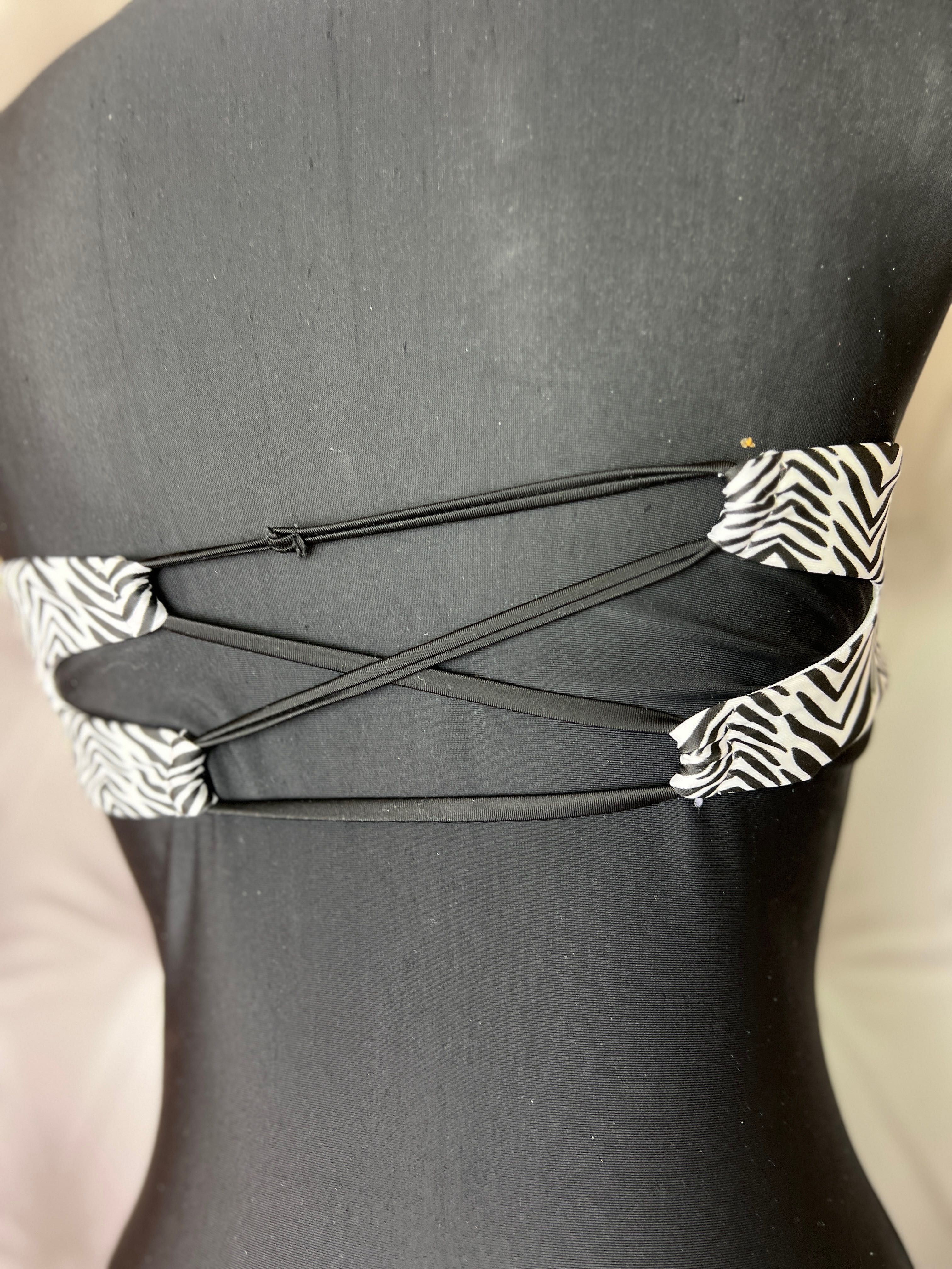 Strój kąpielowy bikini strapless czarny biały paski zebra S M L