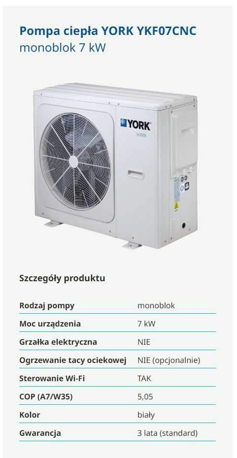 Pompa ciepła York 7 kW R32 Generacja "C" 23% Brutto APS