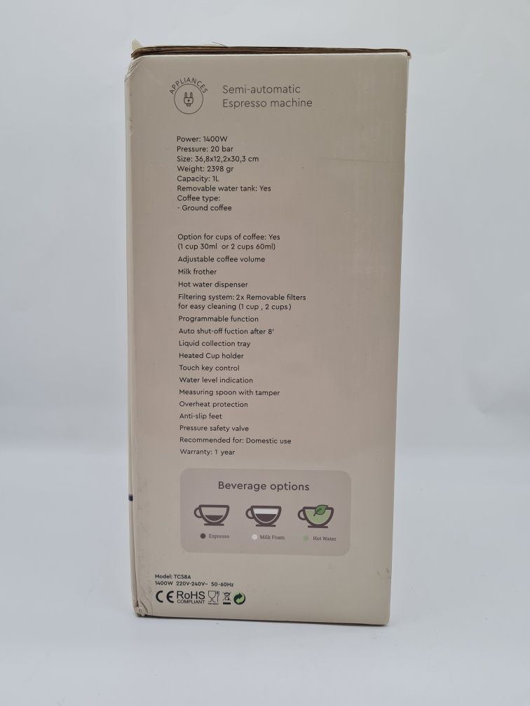 Ekspres do kawy Espresso kolbowy  20 bar 1400W 1L TC58A
