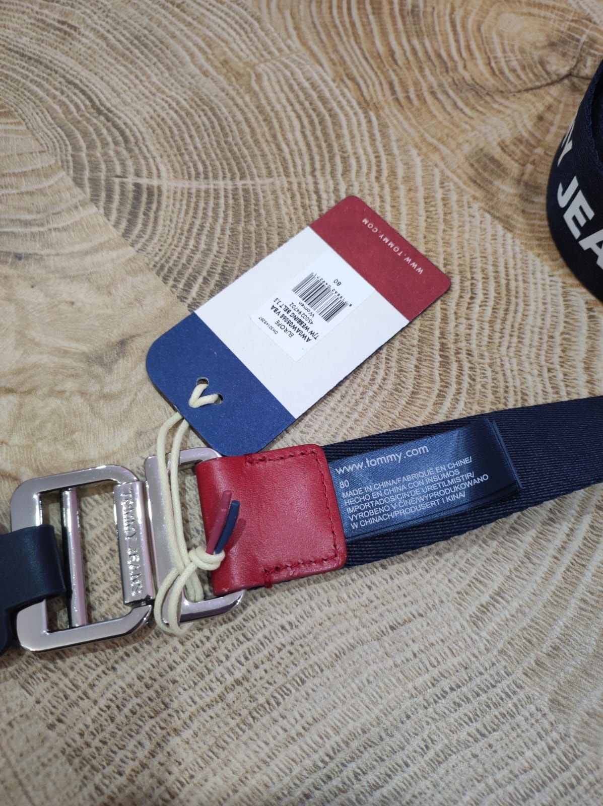 Nowy granatowe pasek Tommy Hilfiger z napisami oryginalny materiałowy