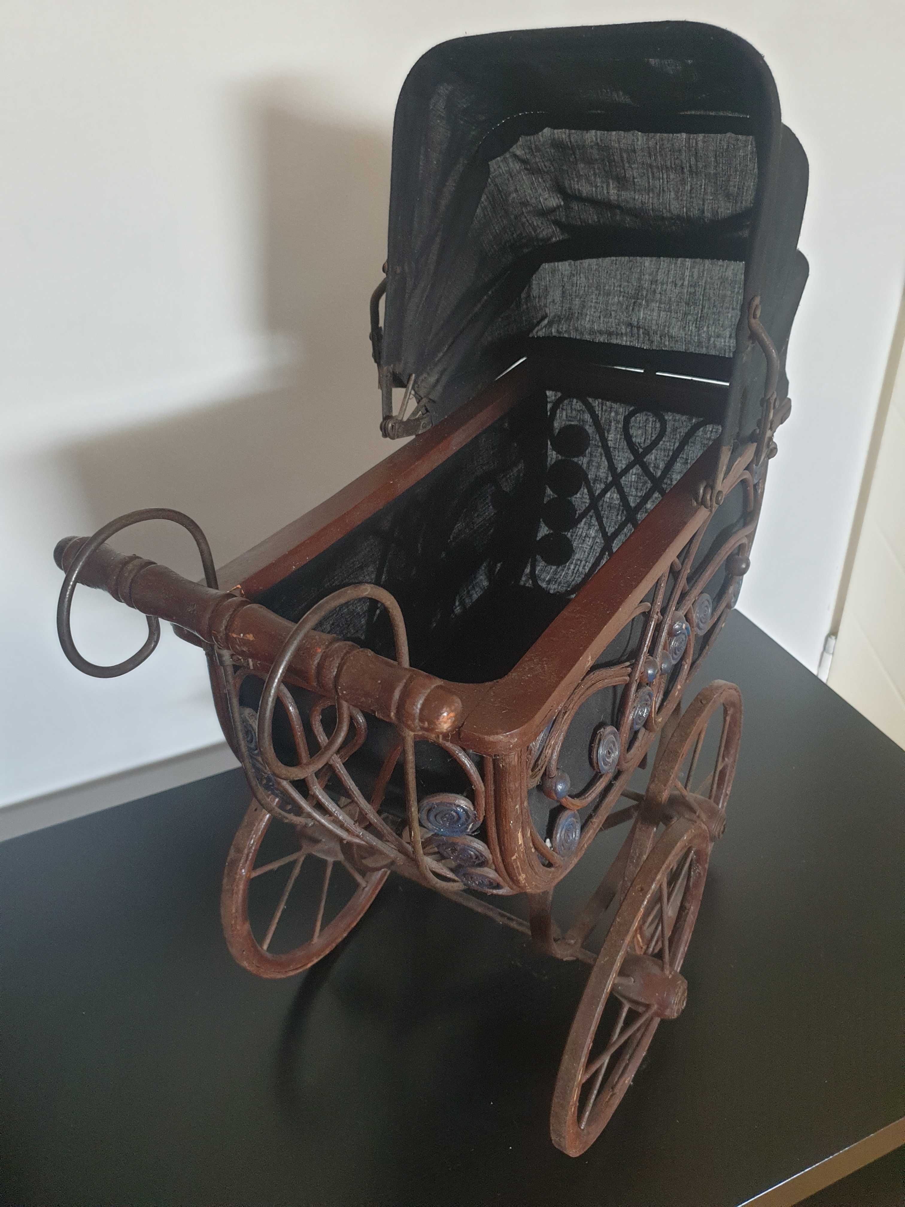 Antyczny wózek dla lalek lite drewno i metal rękodzieło