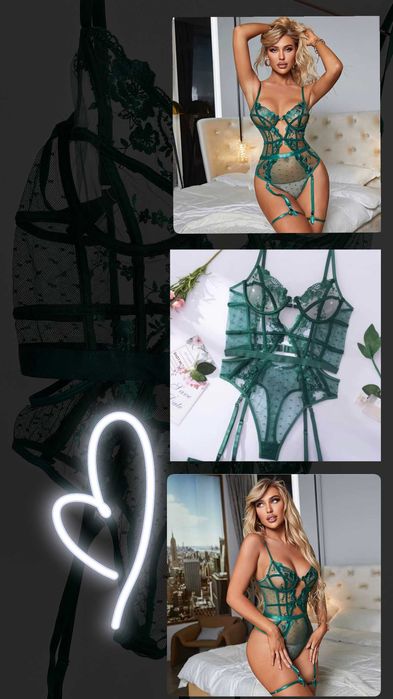 Body Emerald Desire seksowna bielizna z haftem i pasem do pończoch S