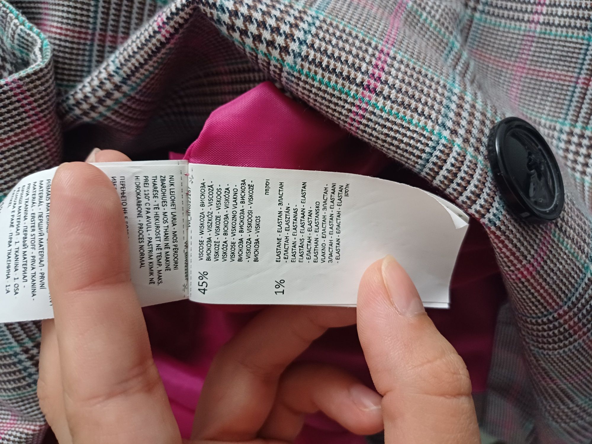 Dwurzędowa marynarka w kratkę z różową podszewką Mohito rozmiar 36
