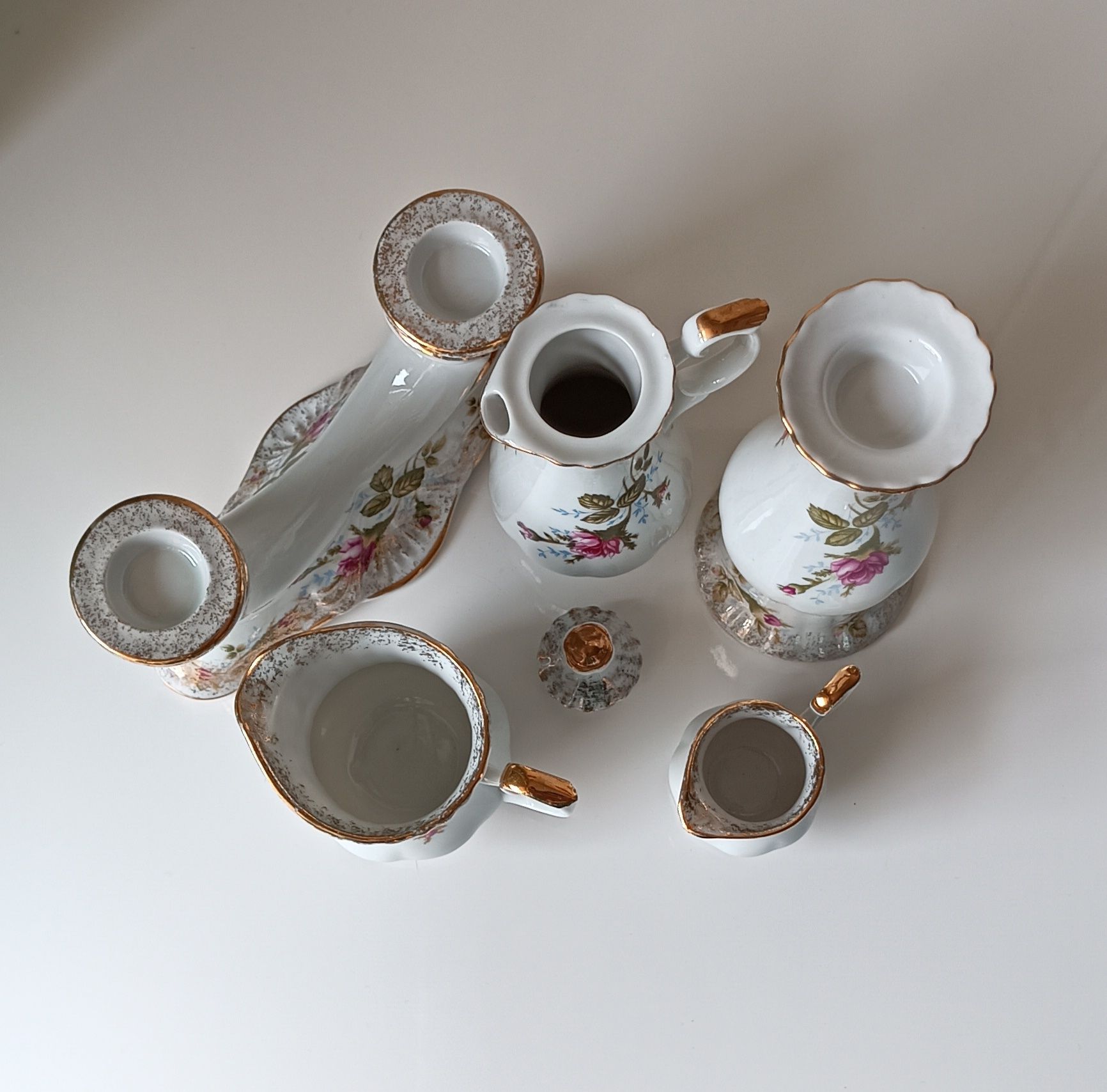 Nowa piękna porcelana Chodzież Róża Iwona złota 5szt świecznik dzbanki