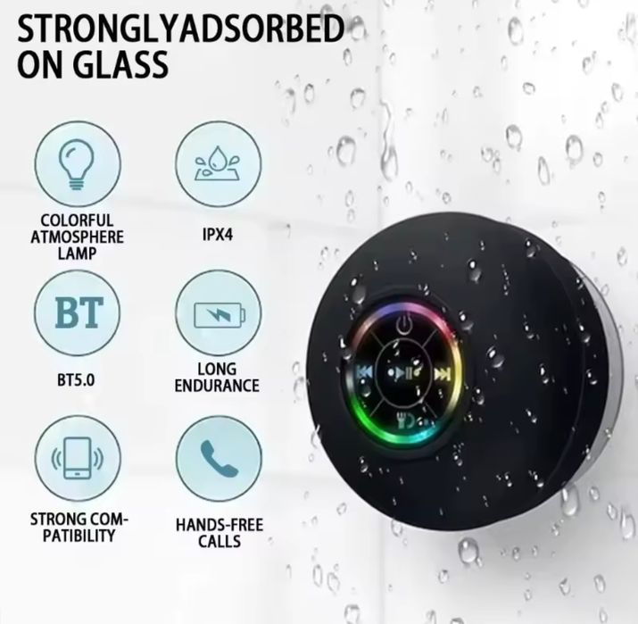Głośnik Łazienkowy LED z przyssawką - IPX4 - USB-C - Nowy