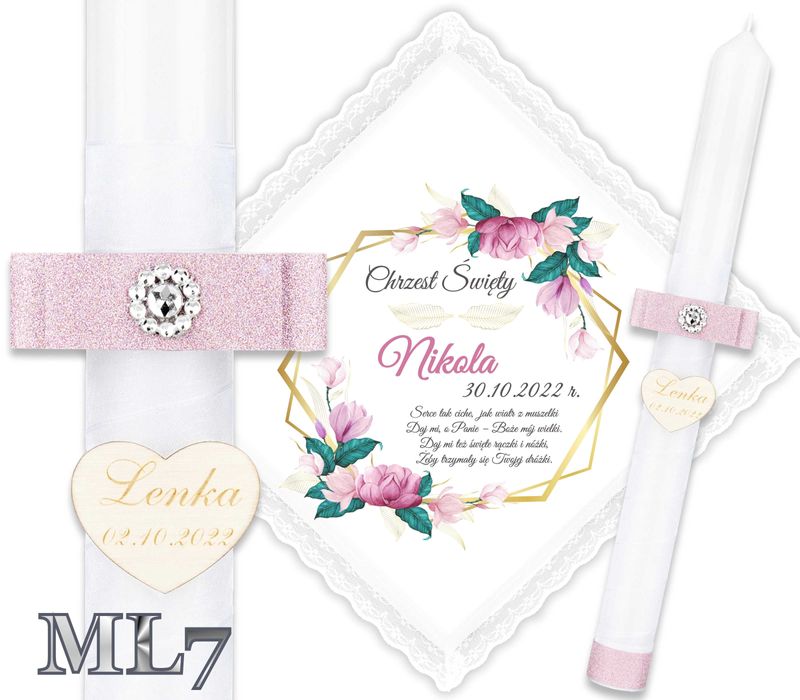Szatka i Świeca do chrztu gromnica Glamour Chrzest krzyżmo Ametyst ML
