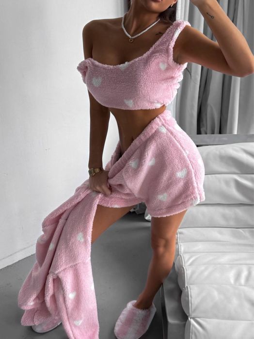 Жіноча піжама трійка, Тепла махрова піжамка з сердечком