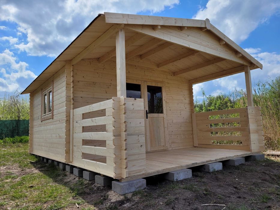Od ręki DOMEK DREWNIANY letniskowy z TARASEM z balika 34 mm*6m x 4m*