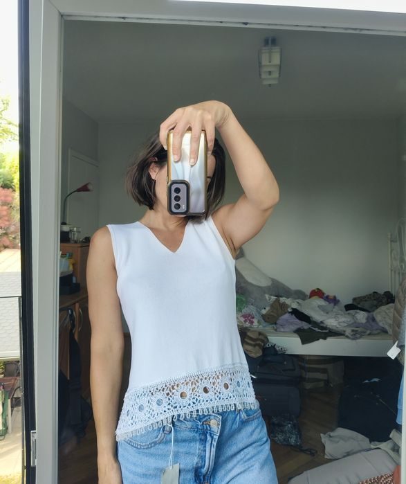 Biała bluzka dziergana Boho top knitt S