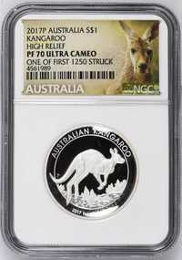 Moeda prata proof 2017 Austrália Canguru certificada NGC PF70 UC