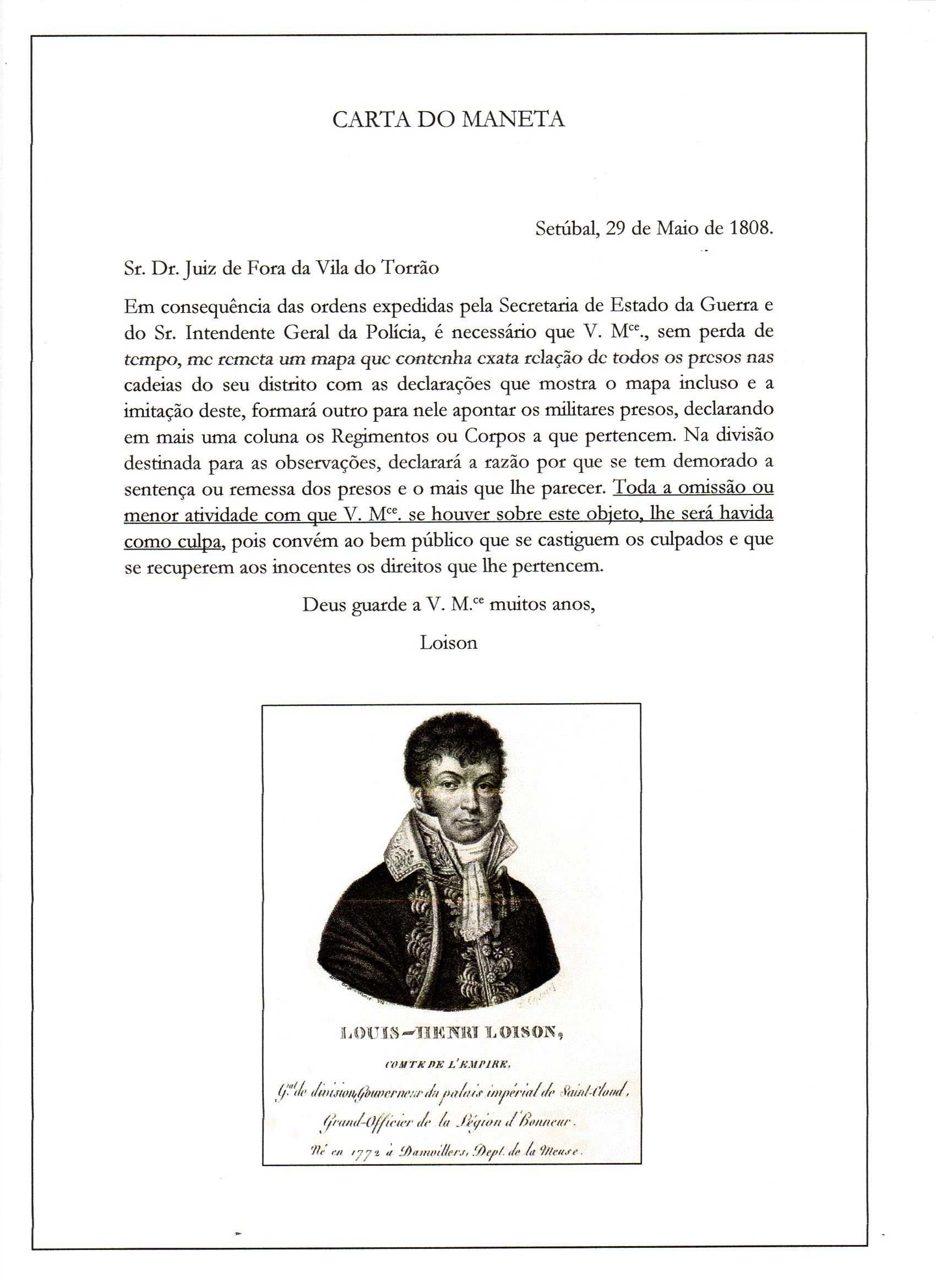 RARÍSSIMA Carta com Ameaças do Malvado General Francês o MANETA - 1808