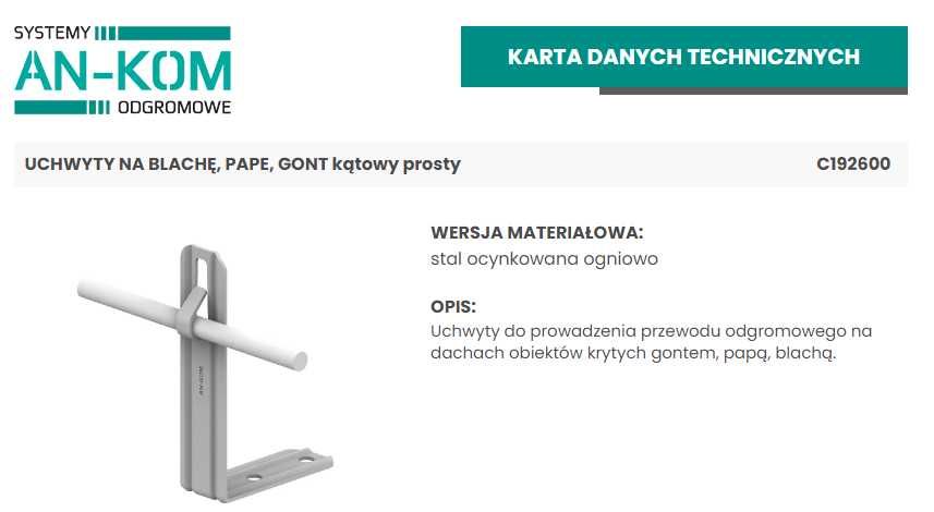 AN-KOM UCHWYTY NA Blachę PAPE GONT kątowy prosty  AN-11R/OG/-N