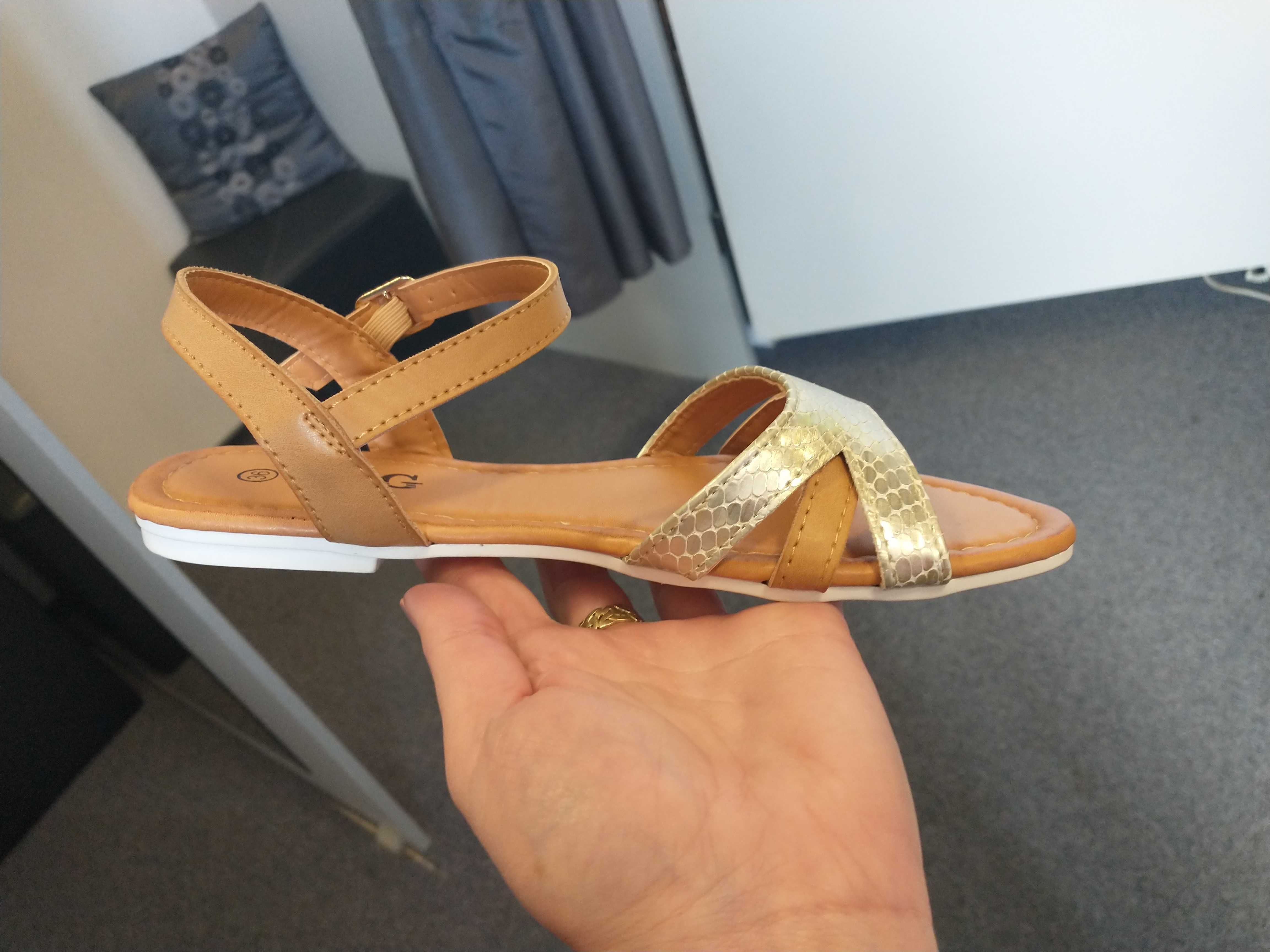 R. 38 sandały damskie camel brąz złoty sandałki nowe modne wygodne