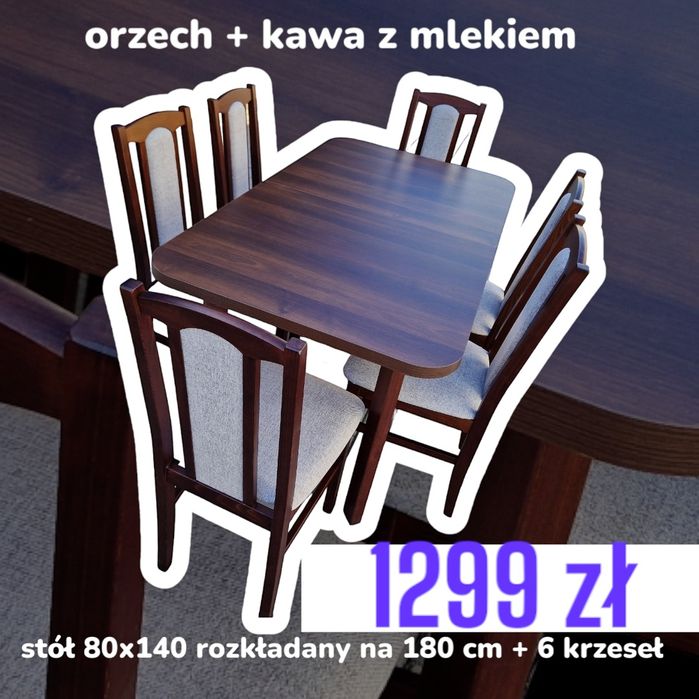Nowe : STÓŁ + 6 KRZESEŁ, Orzech + cappuccino , dostawa cała POLSKA