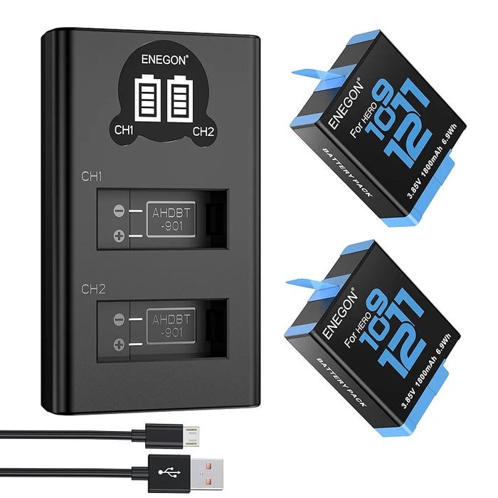 2szt baterii plus ładowarka do kamer GoPro Hero 9,10,11,12 1800mah