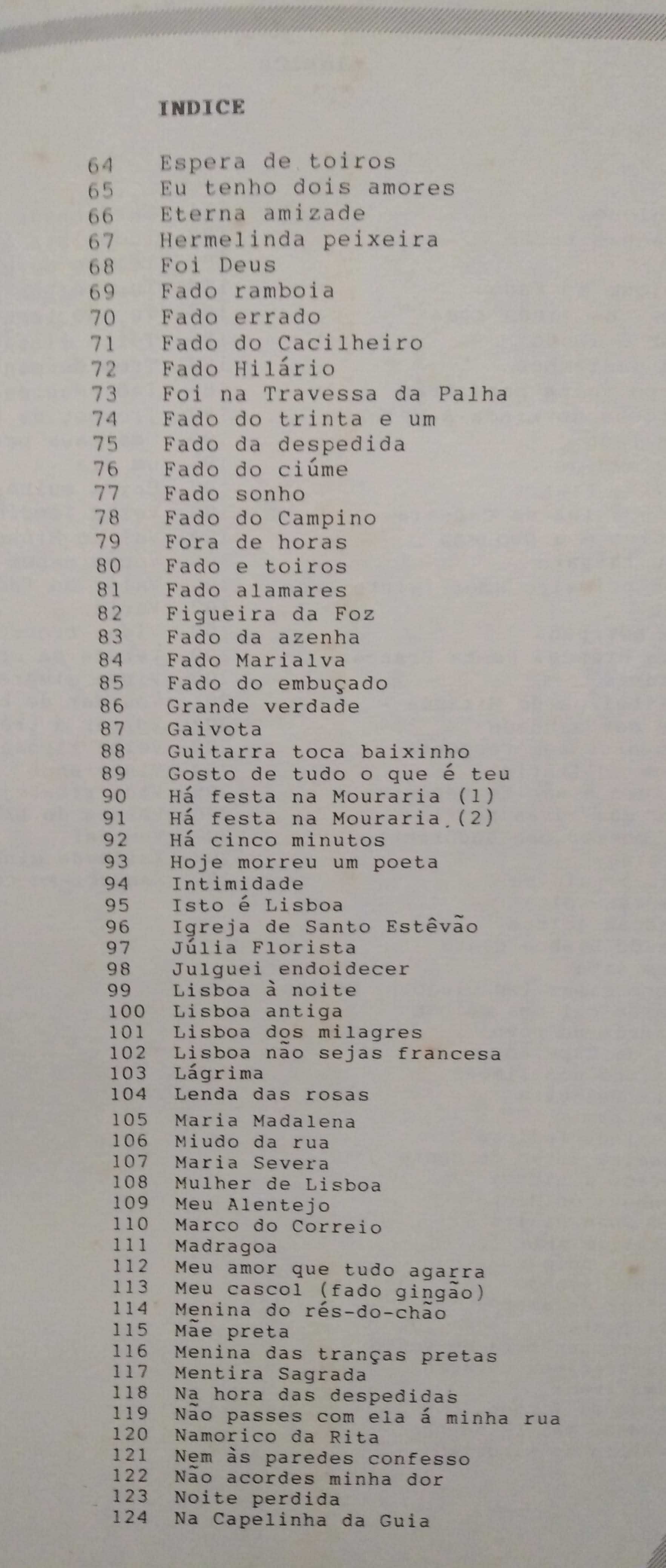 "Fados e Canções" Compendio de canções lista de 209 exitos