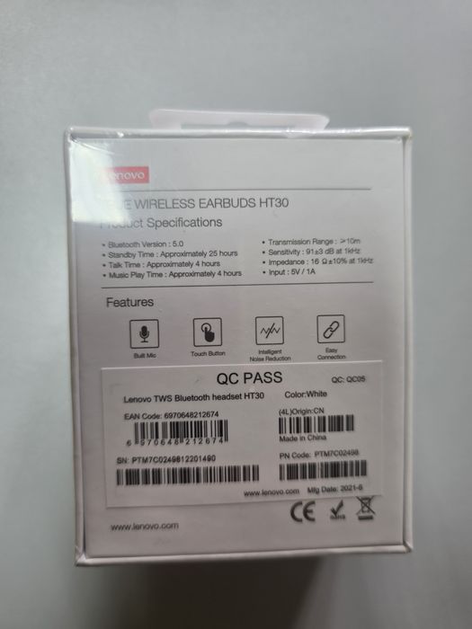 Auriculares Lenovo HT30 True Wireless, em embalagem selada.
