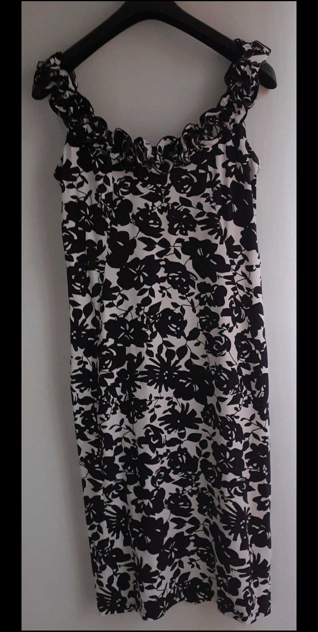Sukienka długa na szelkach, czarno białe kwiatki 42 Bonprix
