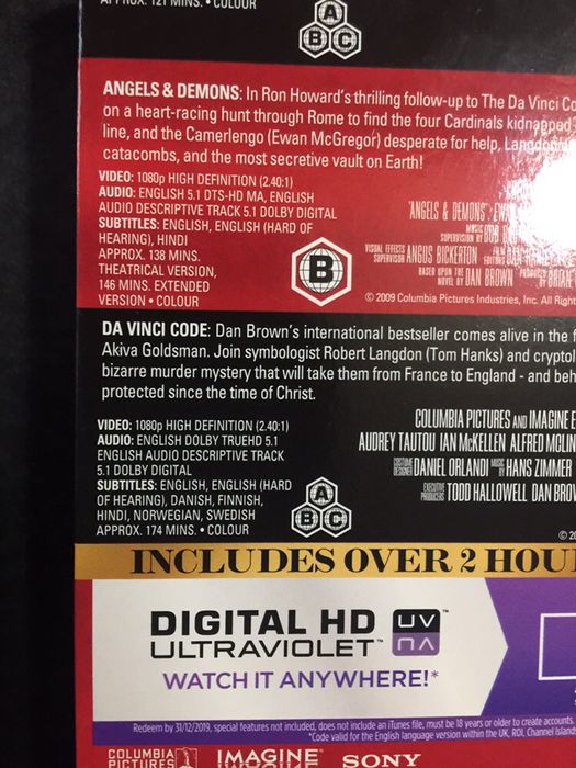 DVD blueray box set: Robert Langdon inferno - Angels&demons - da vinc