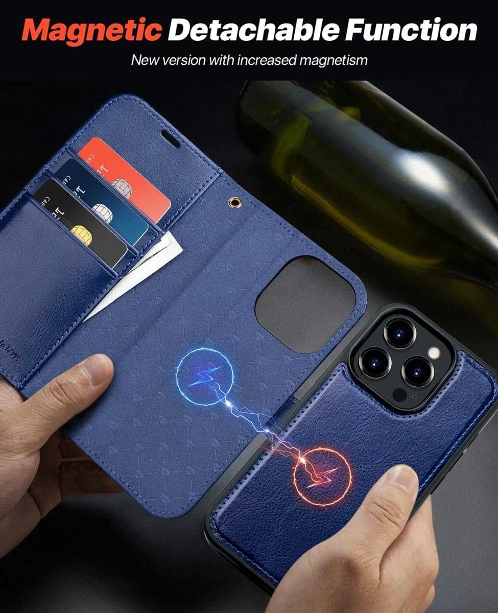 Ocase etui skórzane iPhone 15 Pro stojak magsafe granatowe portfel 2w1