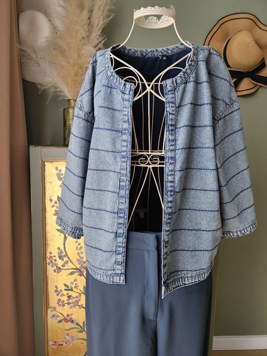 Jesienna Narzutka damska kimono Jeansowa Oversize w Pasy - Styl Vintag