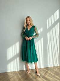 Sukienka midi z brokatową siatką zielona xs 34