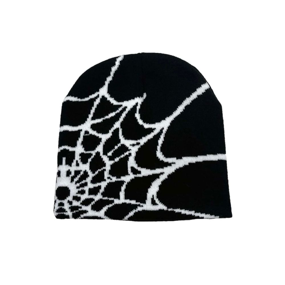 Nowa czarna czapka zimowa beanie z motywem pajęczyny spider web y2k