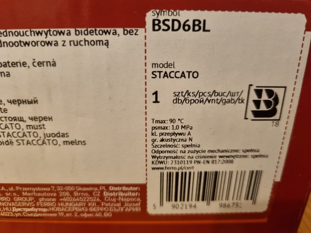 Bateria bidetowa Ferro Staccato czarna nowa