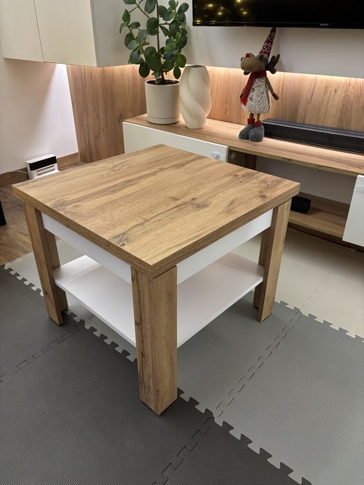 Niski drewniany rozkładany stolik,brąz biel