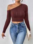 Sweterek Dzianinowy Cropped Na Jedno Ramię Brązowy Casual Shein L 40