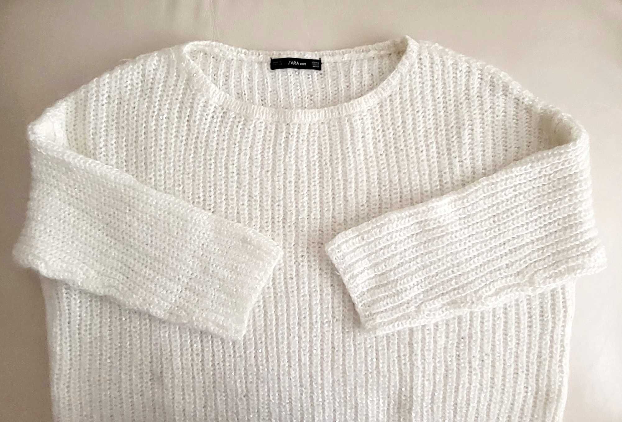 Zara uroczy sweter ecru z delikatnymi cekinami XS/S