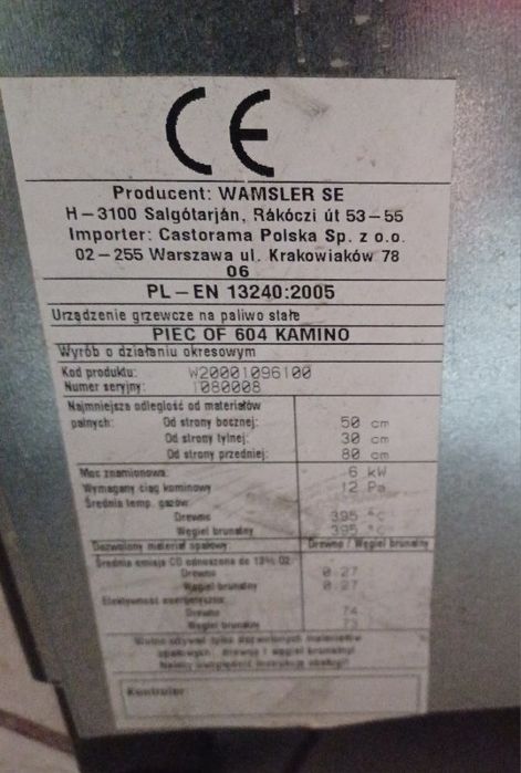 Piec wolno stojący 6-8 kw.