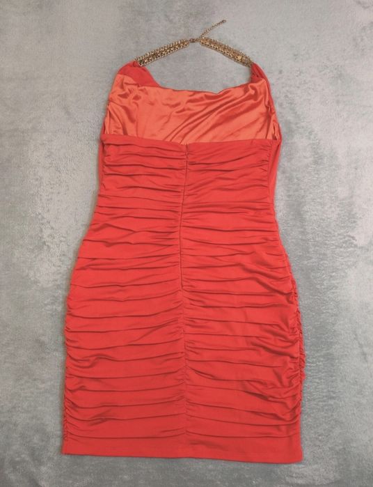 Imprezowa koktajlowa pomarańczowa sukienka Nikibiki zdobiona