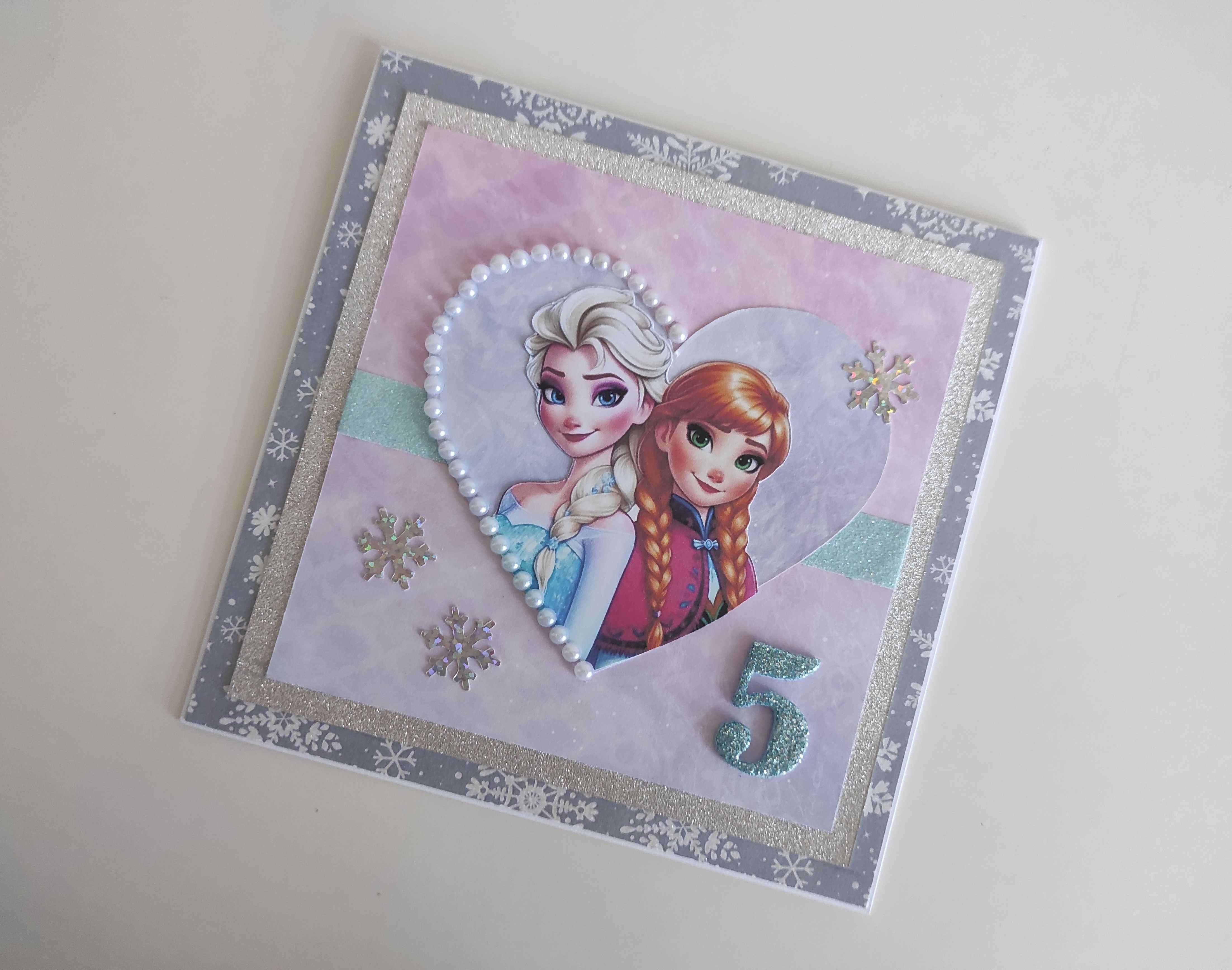Kartka ręcznie robiona na urodziny Kraina Lodu Anna i Elsa