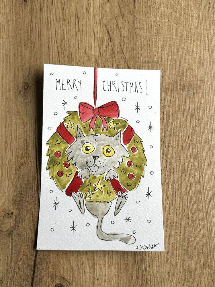 Kartka świąteczna wianek szary kot kociara cat boho święta