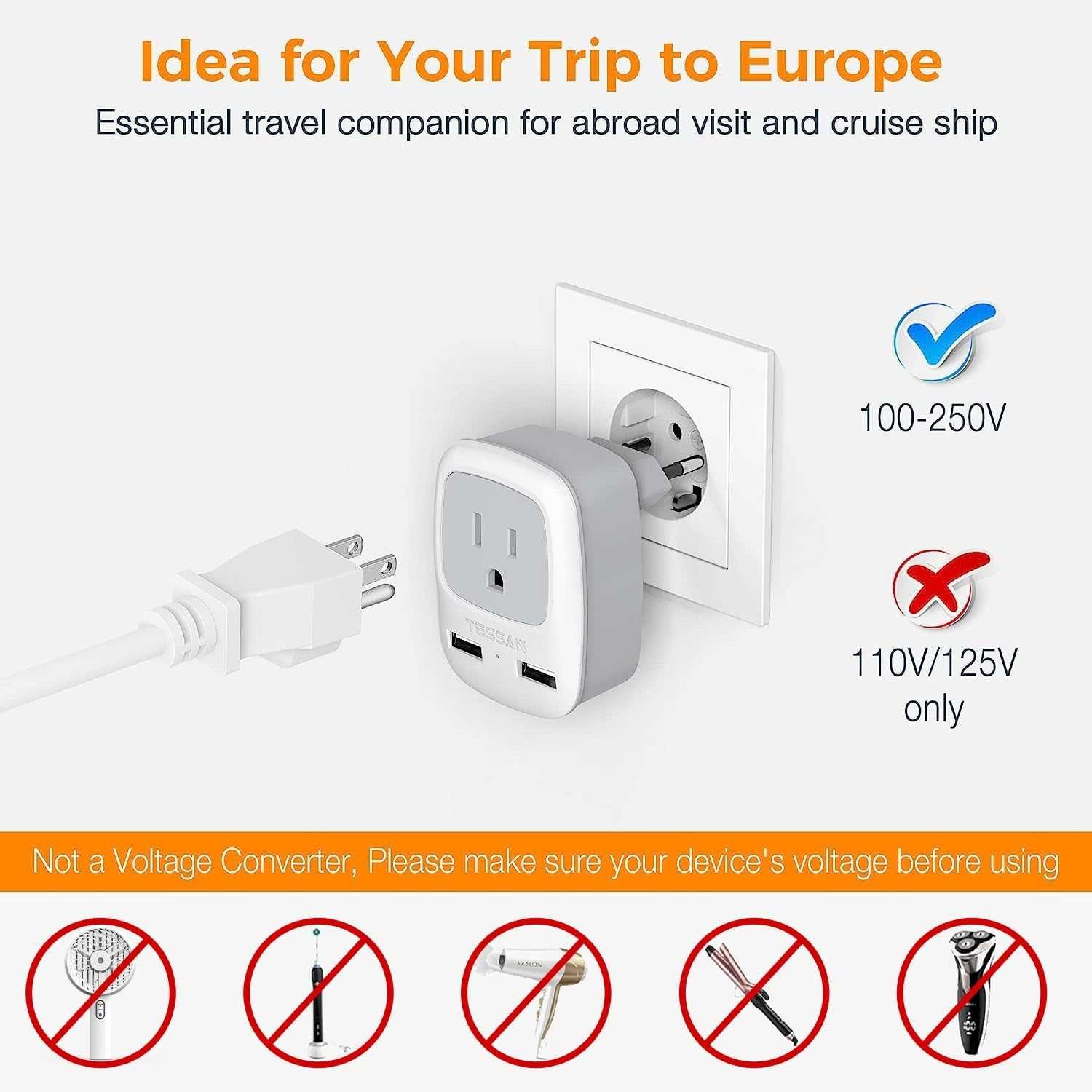 Podróżny adapter z 2 portami USB i gniazdkiem typu C TS-AP2U-EU TESSAN