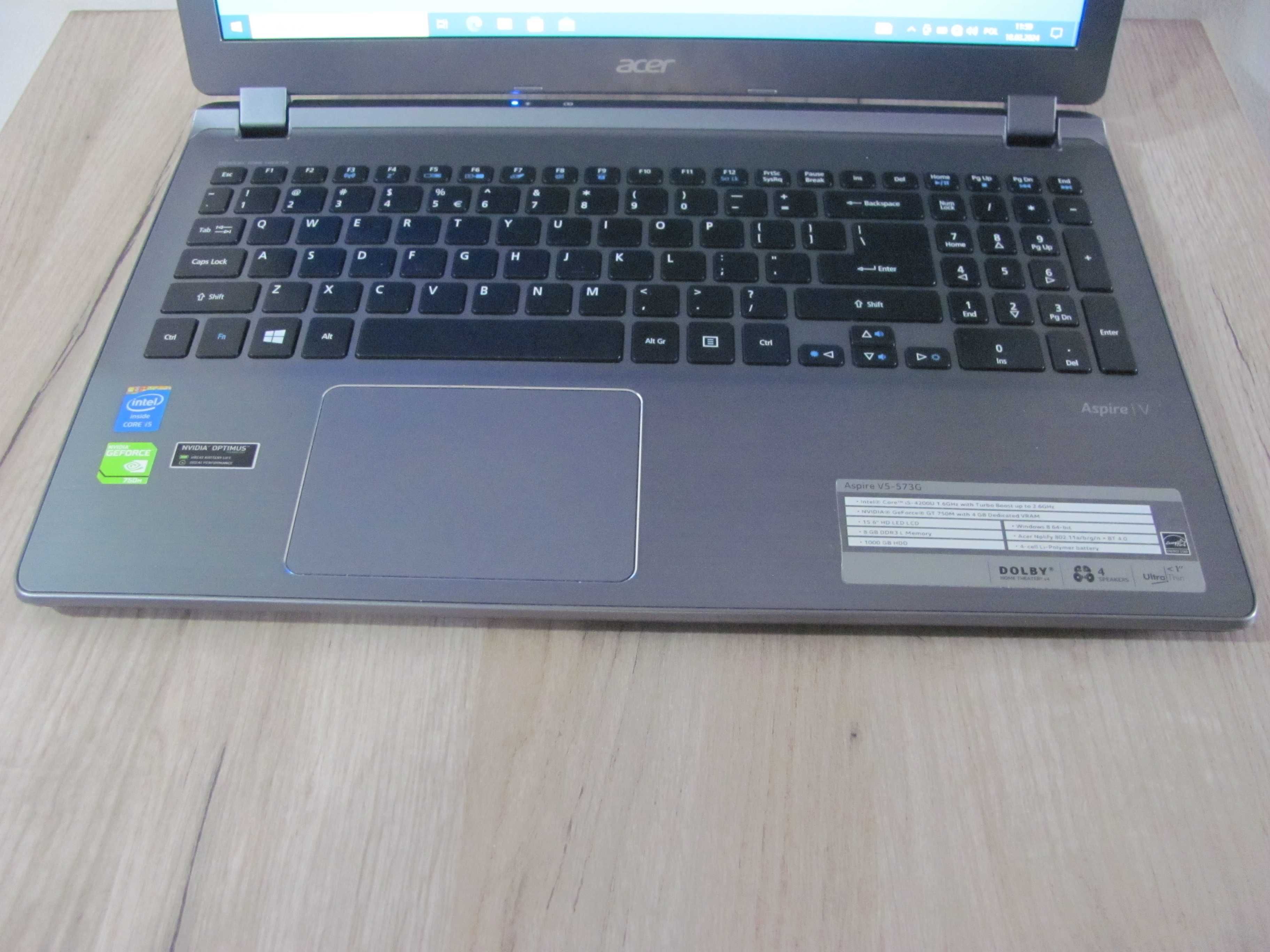 Laptop ACER V5 15,6'' i5 8/128SSD GT750M 4GB  HD W10 Pro