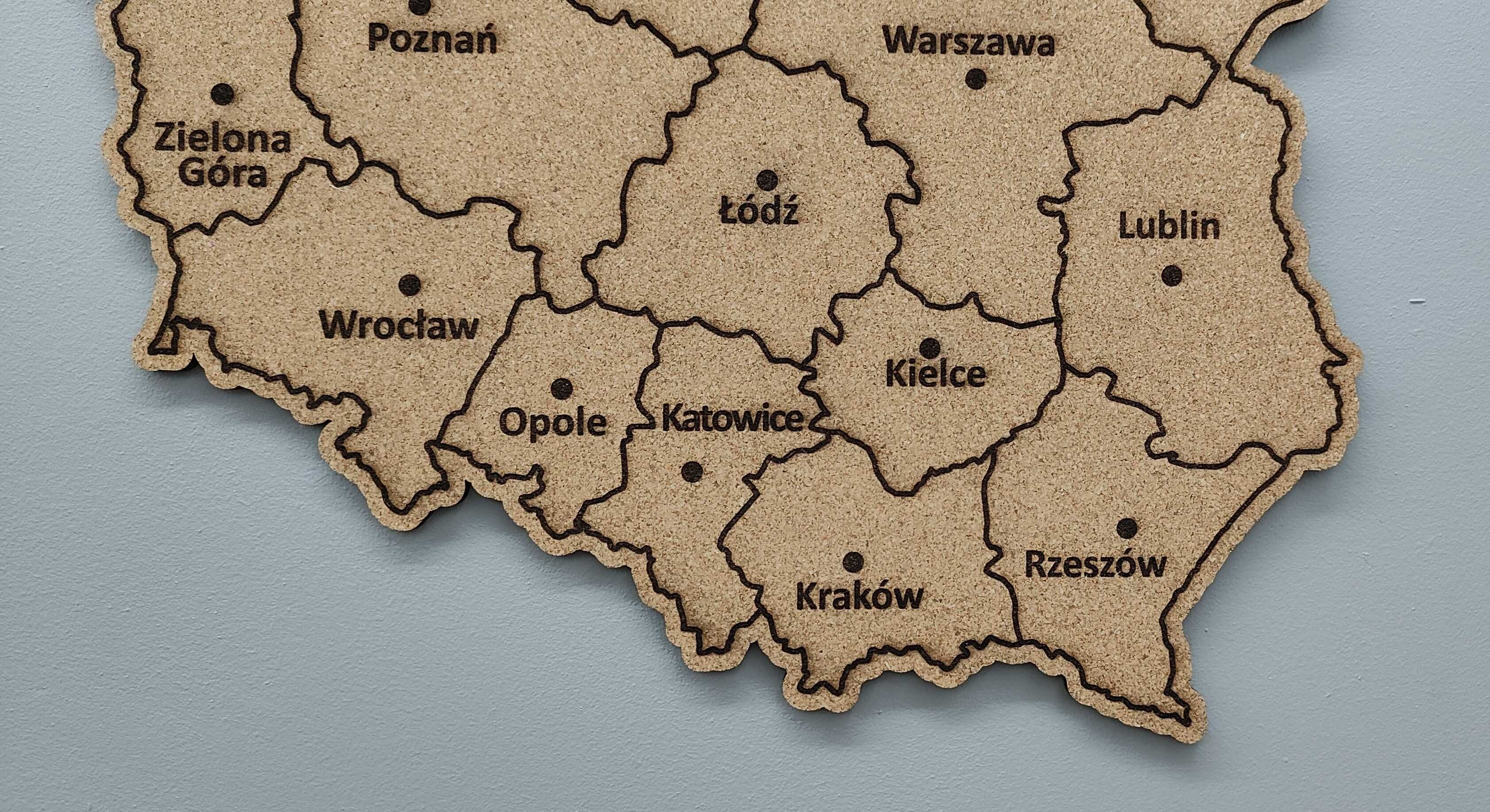 Mapa Polski korek tablica korkowa; grawerowana; województwa miasta
