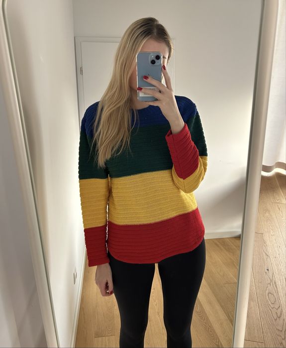 Multikolorowy sweter w paski vintage ciepły na zimę
