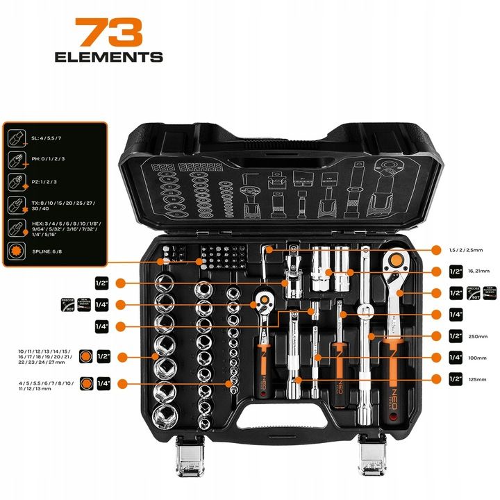 Neo Tools Klucze Nasadowe 1/2" 1/4" Zestaw Narzędzi 73 El. Walizka Sta