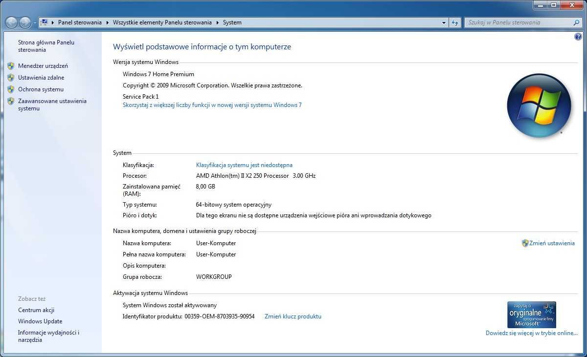 Komputer PC Win7 oryginalny 8 GB RAM, 1 TB HDD, sprawny
