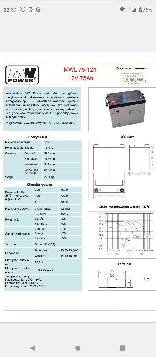 Акумулятор MW Power MWL 75-12h 12V 75Ah