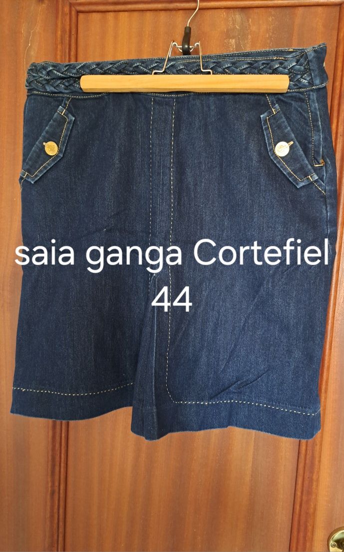 Saia de senhora de ganga azul e bombazine castanha