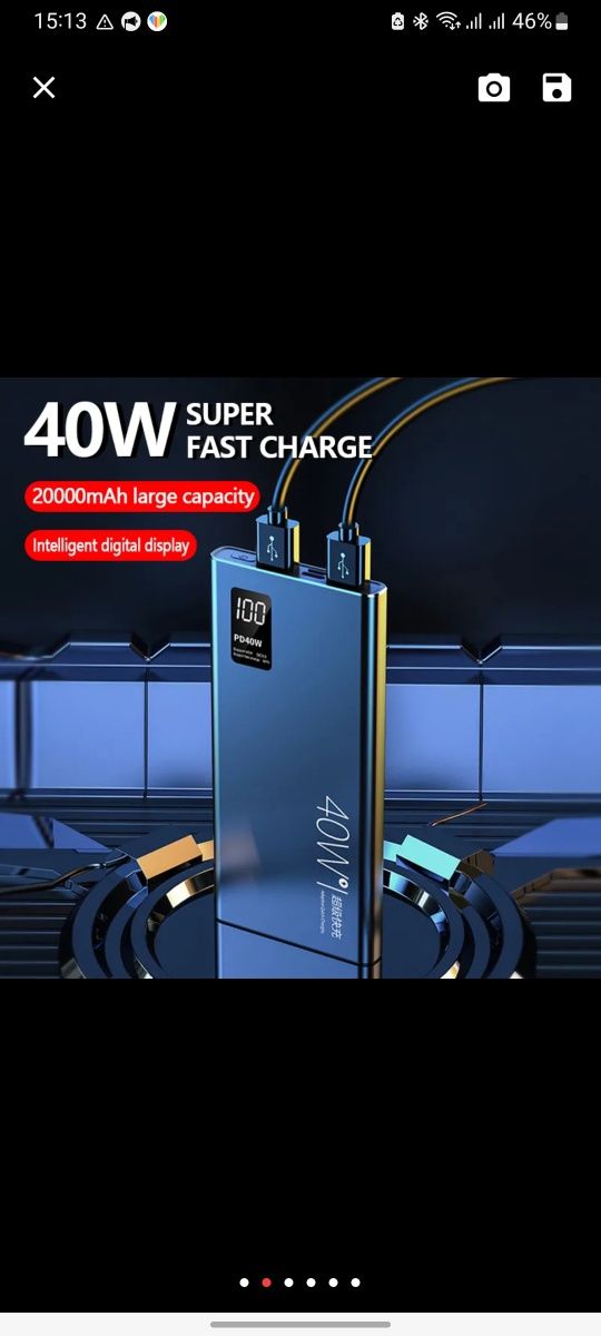 Внешний аккумулятор Power Bank 20000mAh 40W. Быстрая зарядка.