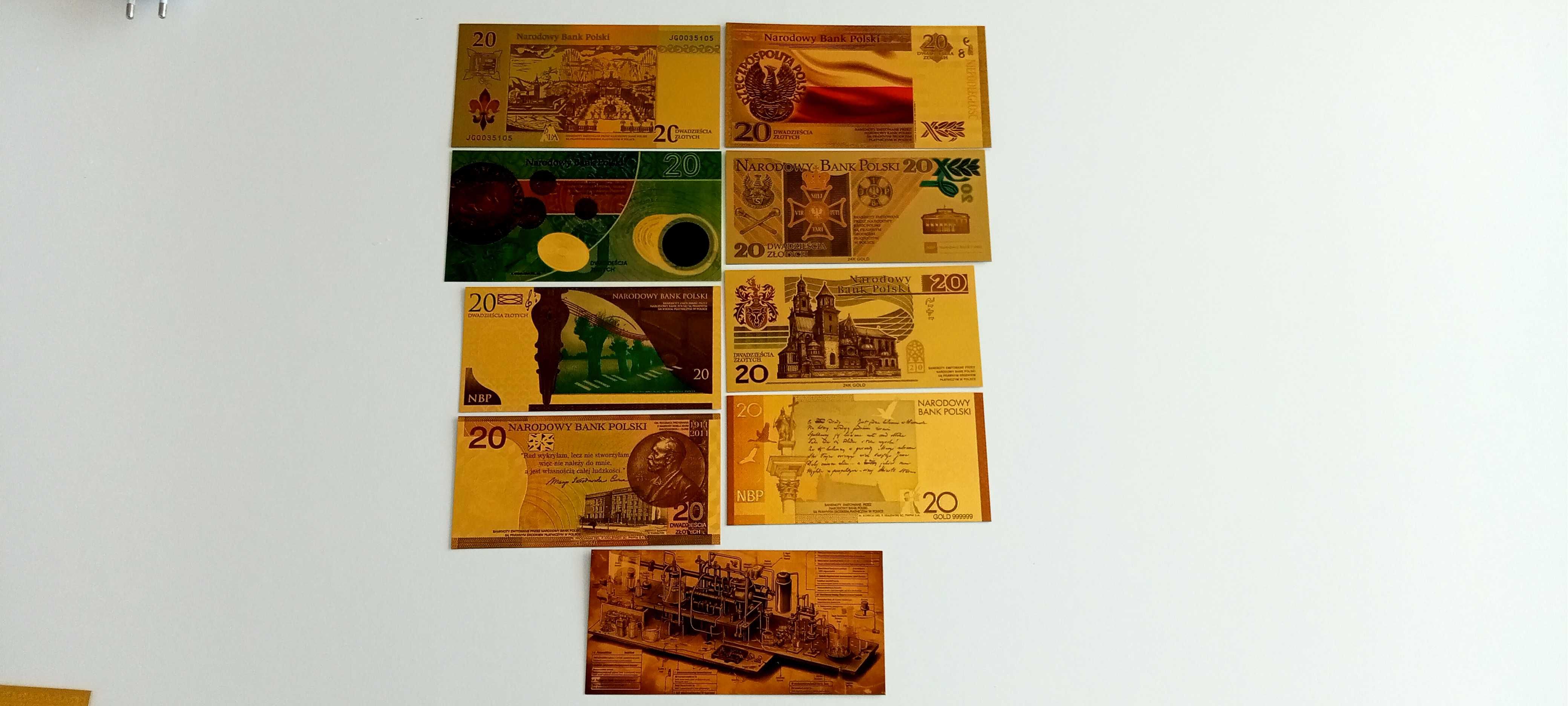 BANKNOTY pozłacana kolekcja  20 ZŁ banknotów  9 szt