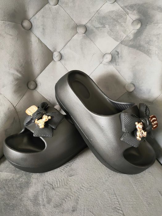 Klapki sandały na platformie złote misie złoto czarne 40 41