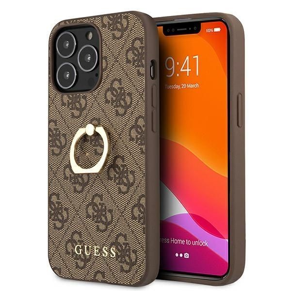 Guess Etui na iPhone 13 Pro/13 6,1" Brązowe z Uchwytem Pierścieniowym