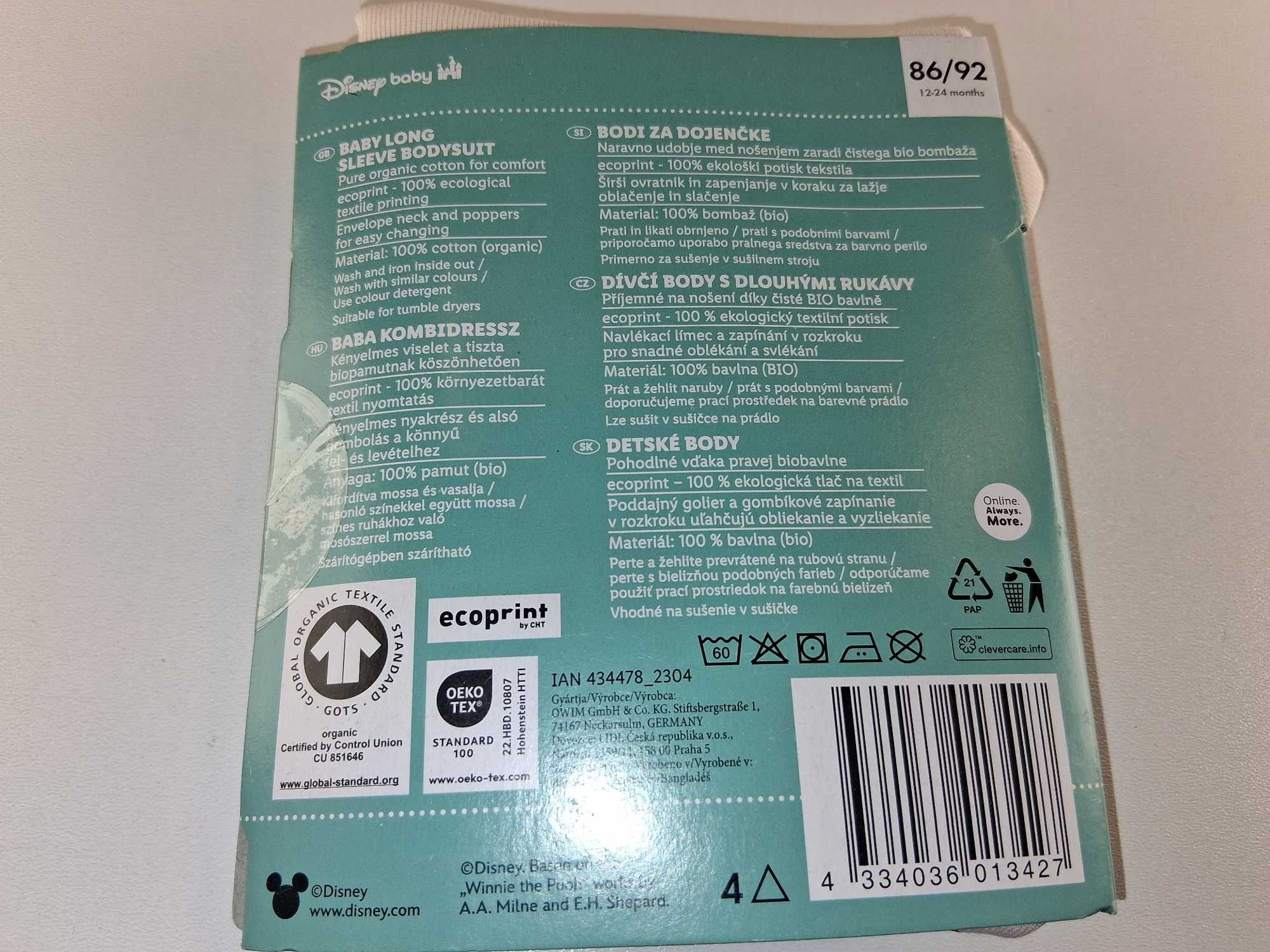 A154 Disney Baby Kubuś Puchatek Body Długi Rękaw Bawełna Rozmiar 86/92