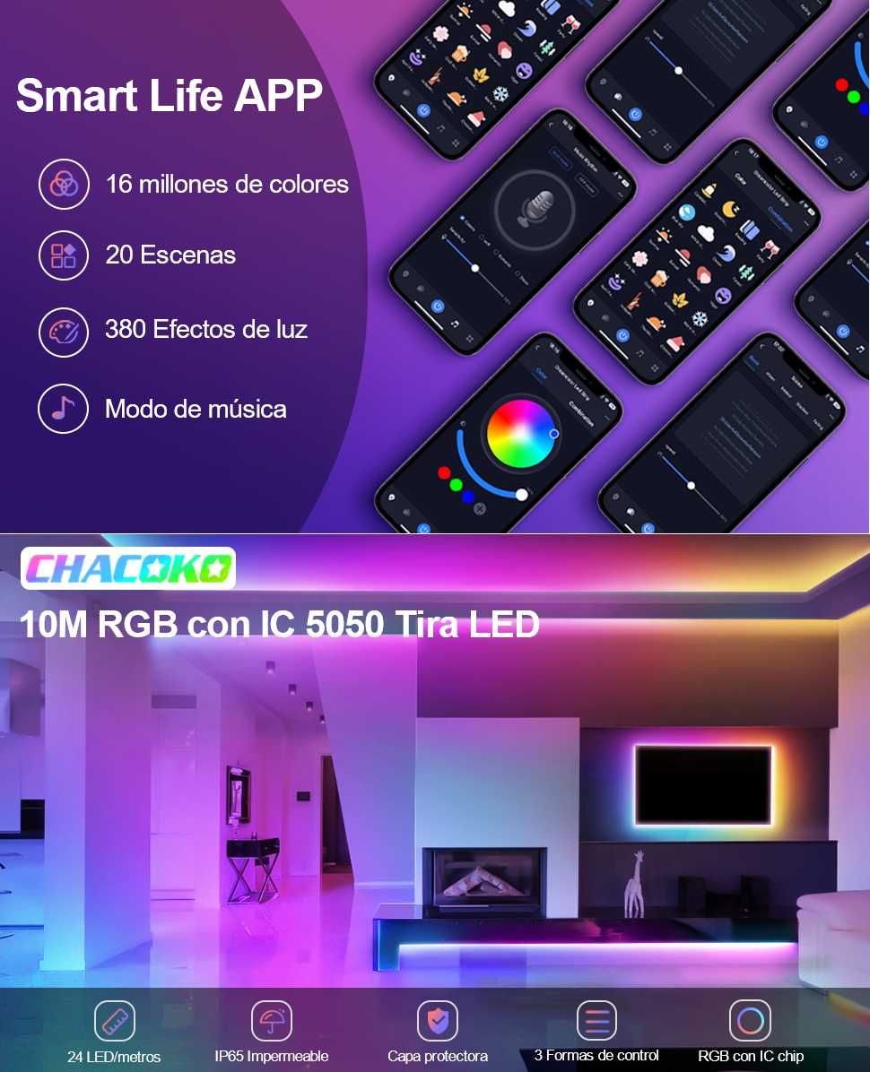 Tira LED RGBIC 10 M efeito arco-íris impermeável controlo App BT